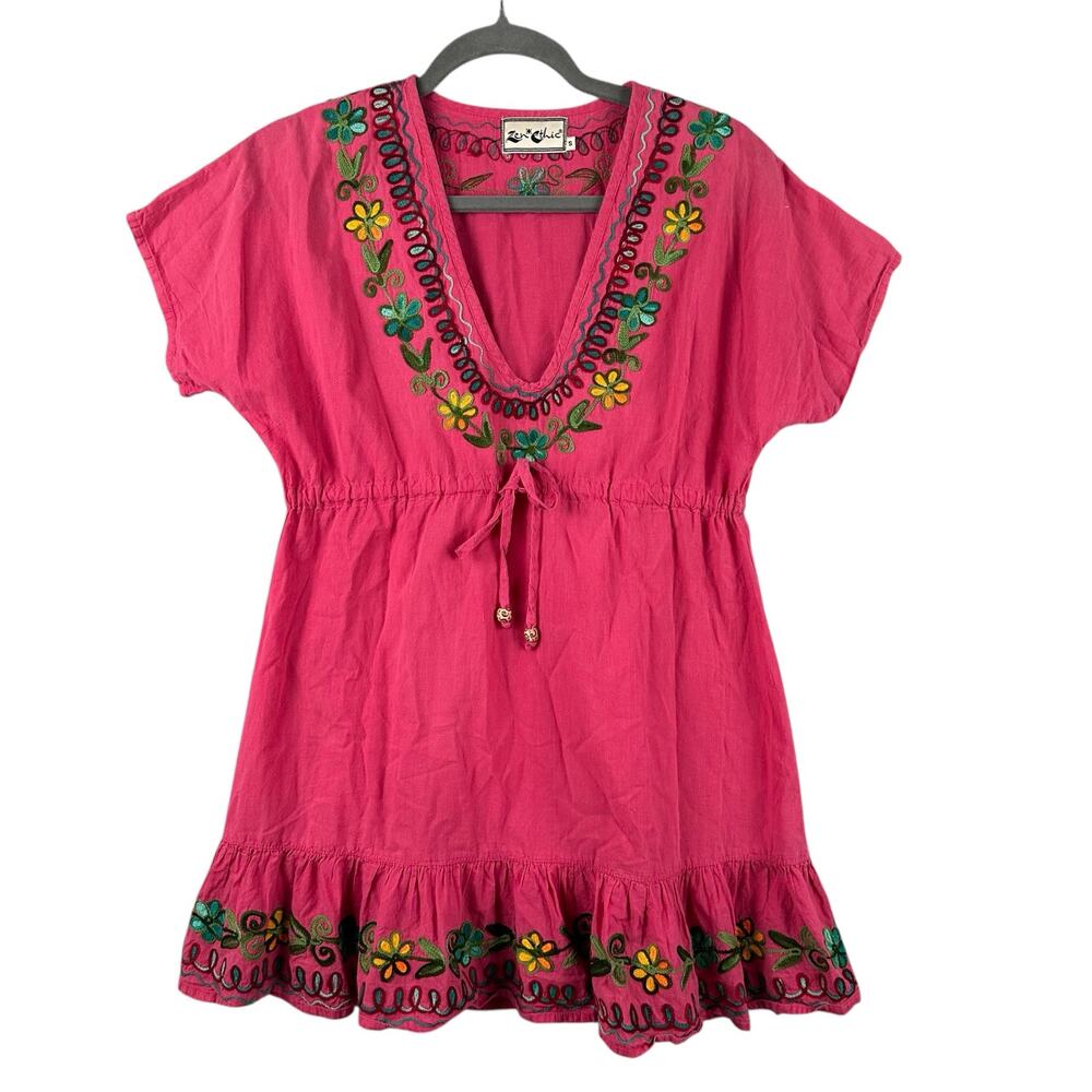 Zen Ethic Embroidered Mini Dress Size Small Pink Ruffle Dress Tunic Hippie Boho